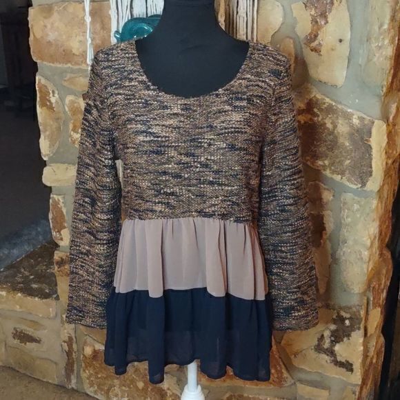 Entro Woven Layered Peplum Top‎ Navy and Cocoa Sz S - Picture 1 of 11
